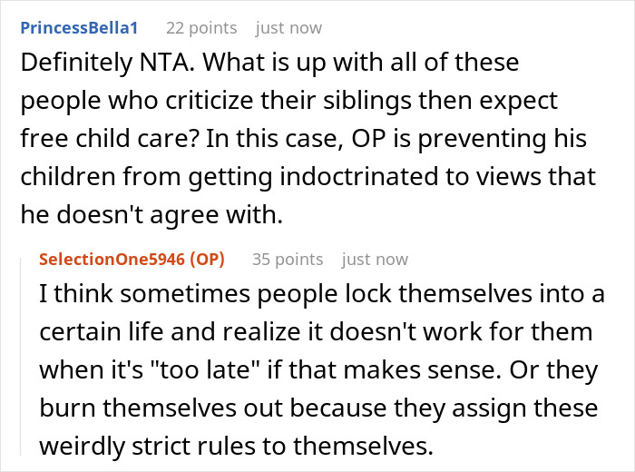 Reddit comments discussing sibling criticism and refusal of childcare. Reddit comments discussing sibling criticism and refusal of childcare.