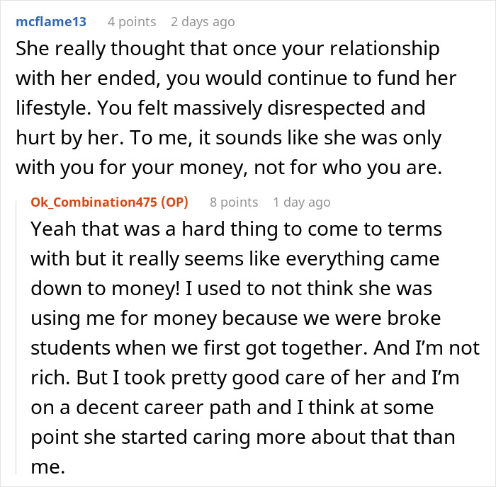 Reddit discussion highlighting entitlement after breakup, emphasizing relationship and money issues. Reddit discussion highlighting entitlement after breakup, emphasizing relationship and money issues.