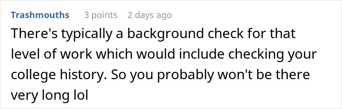 Comment discussing background checks for jobs in finance.