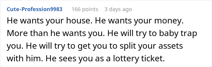 Comment discussing refusal to share house ownership with fianc&eacute;, involving real estate lawyer concerns.