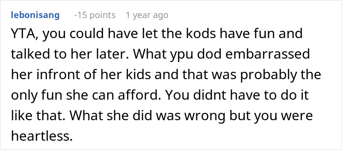 Comment discussing a woman kicking her mom out of the pool without permission, mentioning embarrassment and being heartless. Comment discussing a woman kicking her mom out of the pool without permission, mentioning embarrassment and being heartless.