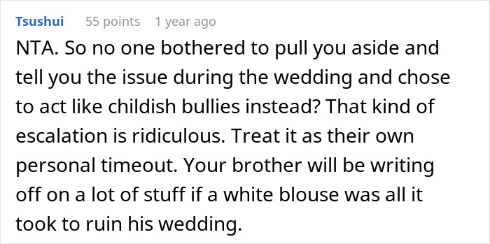 Comment discussing a brother's reaction to a sister's pantsuit at a wedding, calling others childish bullies.