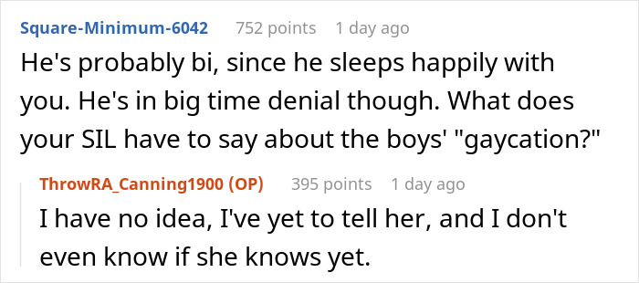 Reddit comments discussing a husband's gaycation request.