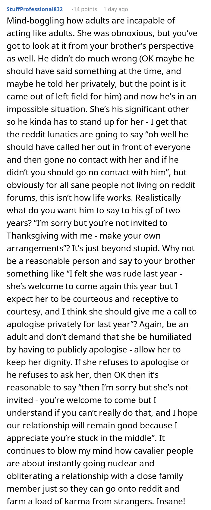 Reddit user discusses family conflict over not inviting brother's girlfriend to Thanksgiving after she rolled her eyes. Reddit user discusses family conflict over not inviting brother's girlfriend to Thanksgiving after she rolled her eyes.