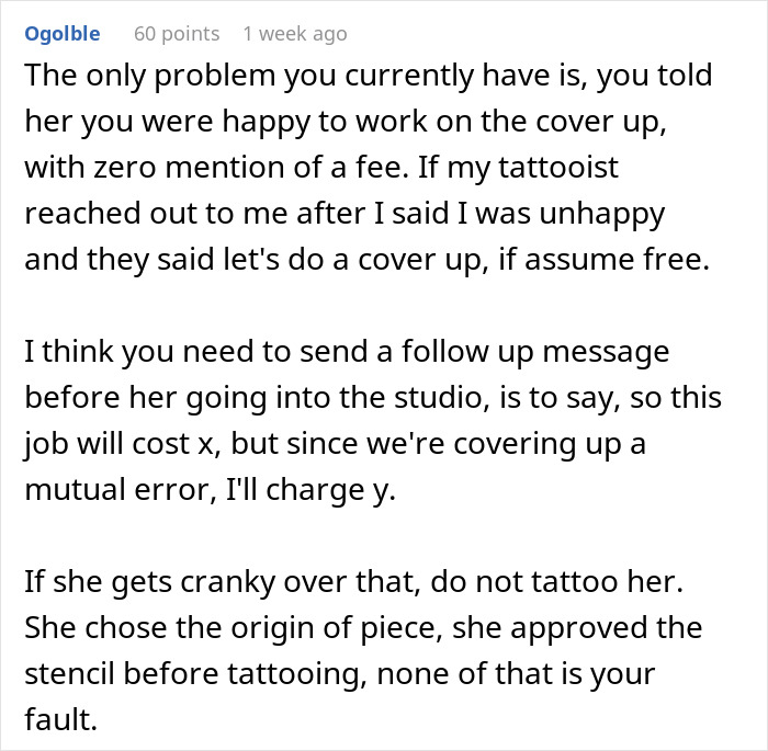Text advice on resolving a tattoo cover-up issue with cost discussion.