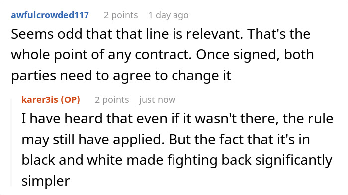 Reddit comments discussing the importance of reading the fine print in contracts, with one user highlighting legal implications.