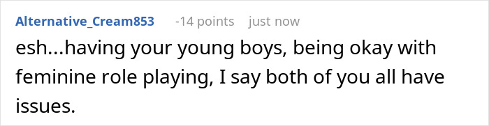 Screenshot of a Reddit comment criticizing young boys' role-playing activities. Screenshot of a Reddit comment criticizing young boys' role-playing activities.