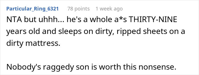 Reddit comment about a 39-year-old man sleeping on dirty, ripped sheets and a dirty mattress.