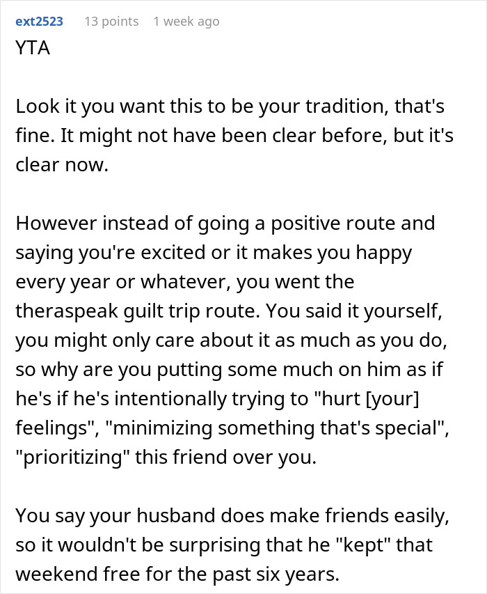 Text response discussing family tradition versus new friendship dynamics.