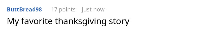 Reddit comment by ButtBread98 saying, "My favorite thanksgiving story," about viral strangers and Thanksgiving.