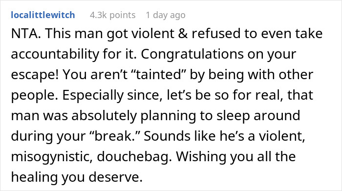 Reddit comment discussing a woman's experience leaving a long relationship.