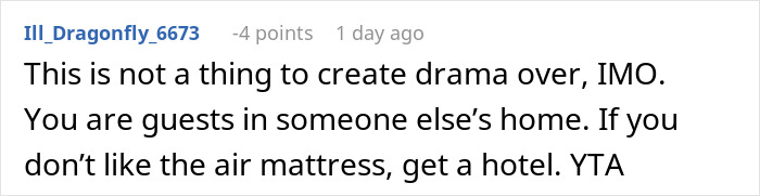 Comment about guests on an air mattress during holidays, suggesting they get a hotel if not satisfied.
