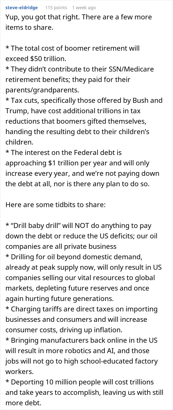 Text discussing boomer financial impacts and misconceptions about free money.