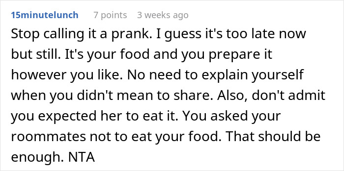 Reddit comment about food-theft, justifying a roommate&rsquo;s actions against a food-thieving roommate.