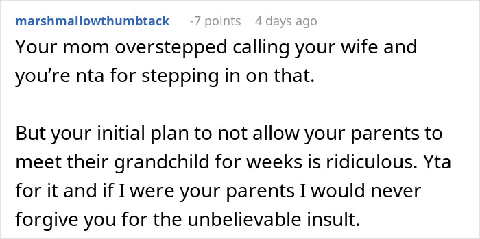 Text exchange discussing a woman's decision about meeting the baby, involving family disagreement.