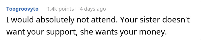 Reddit comment criticizing a wedding tax, suggesting the bride wants money, not support.