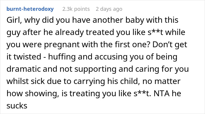 Comment on relationship issues with pregnant wife and unsupportive husband.