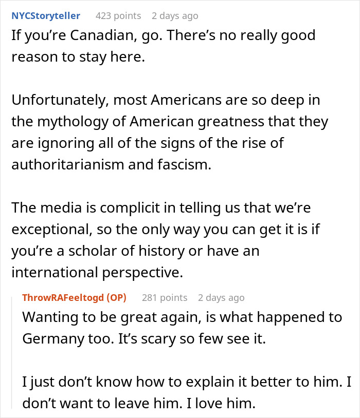 Reddit comments discussing political issues and a woman's dilemma about moving with her husband.