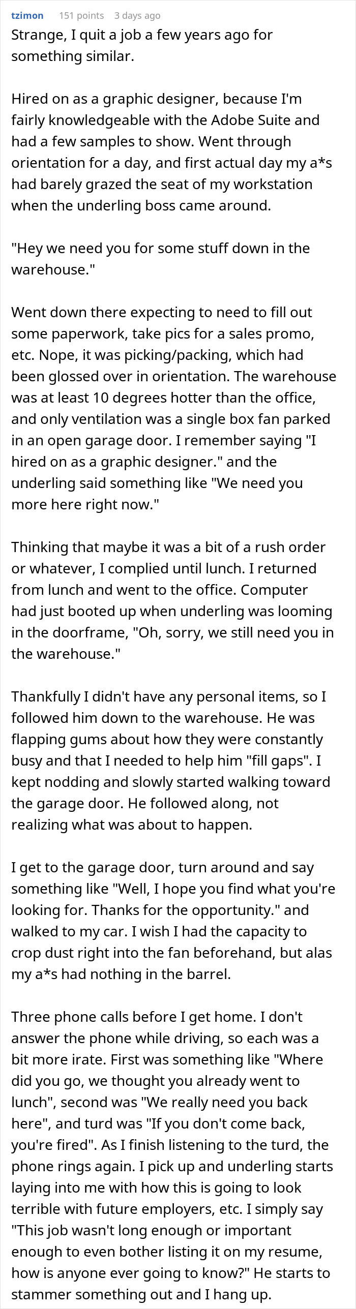 Reddit post text recounting an experience of being hired as a graphic designer and assigned unexpected warehouse tasks. Reddit post text recounting an experience of being hired as a graphic designer and assigned unexpected warehouse tasks.
