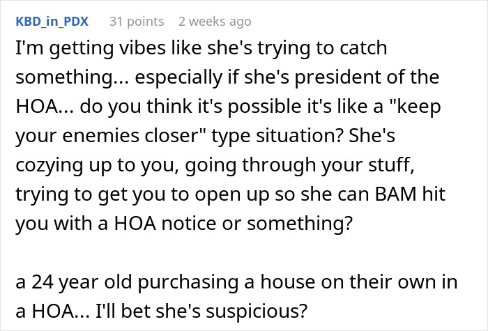 Text discussing HOA president's suspicious behavior towards a new resident.