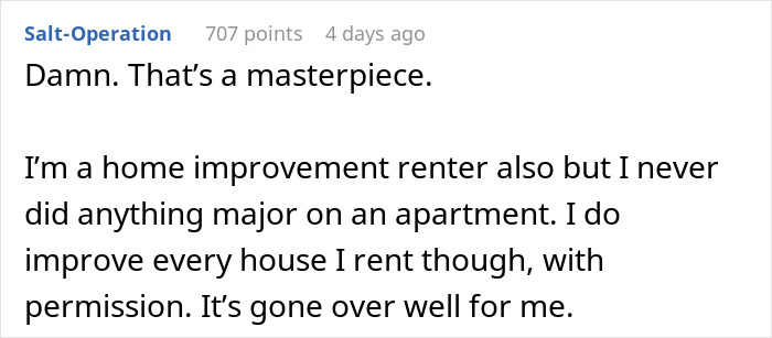 Comment discussing condo renovations and renter experiences with home improvement. Comment discussing condo renovations and renter experiences with home improvement.