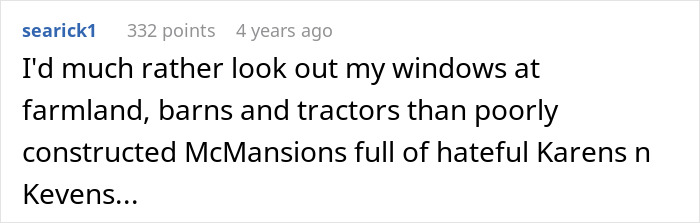 Reddit comment about preferring farmland and tractors over McMansions, highlighting HOA issues.