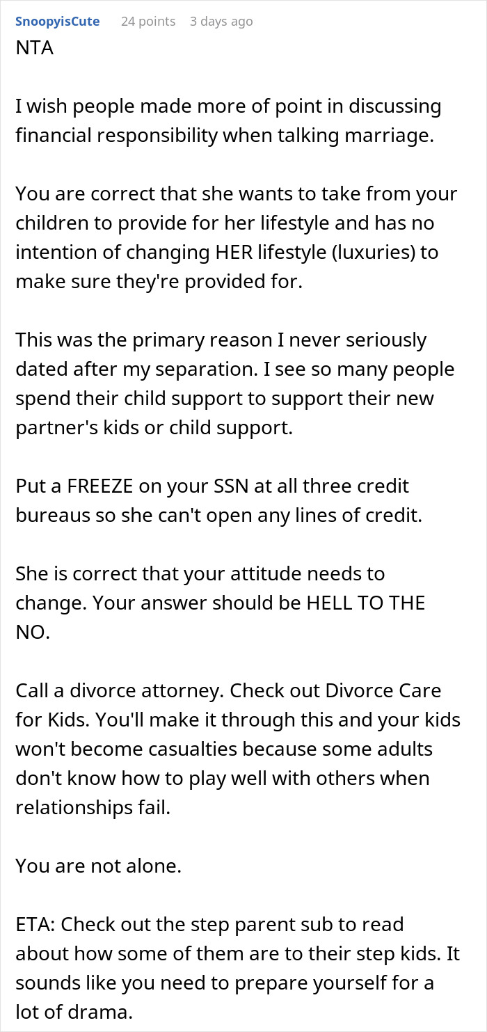 Screenshot of a Reddit comment about financial responsibility in marriage, child support, and relationship advice.