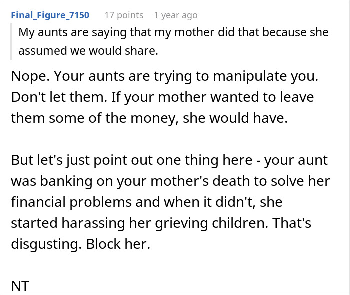 Aunts Feel Entitled To Inheritance: &ldquo;She Assumed We Would Share&rdquo;