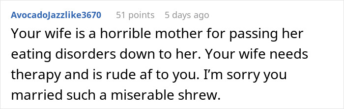 Reddit comment criticizing wife's food complaints and her behavior. Reddit comment criticizing wife's food complaints and her behavior.