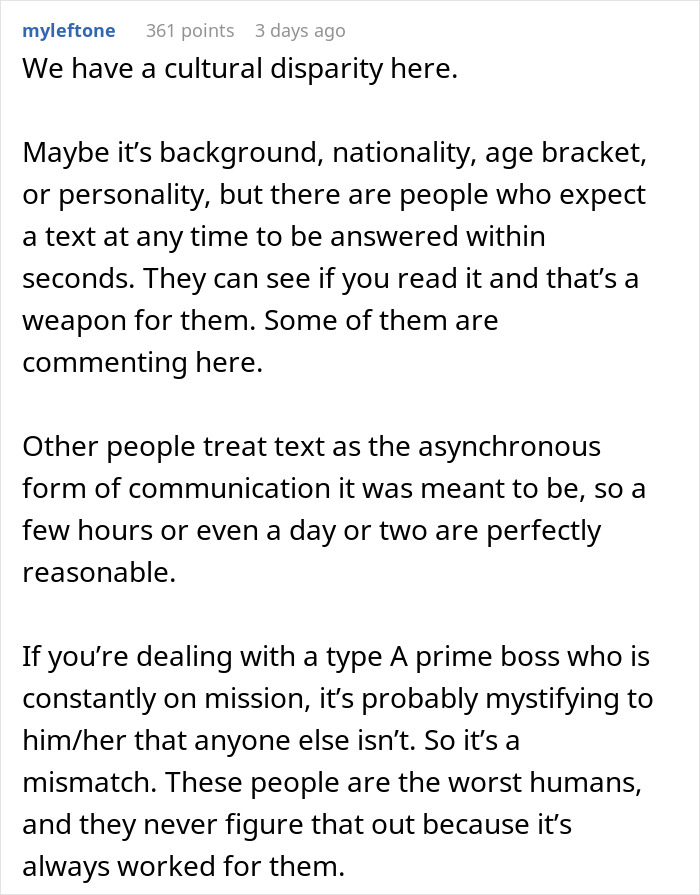Text discussing cultural disparity in communication expectations and the mismatch with a type A boss.