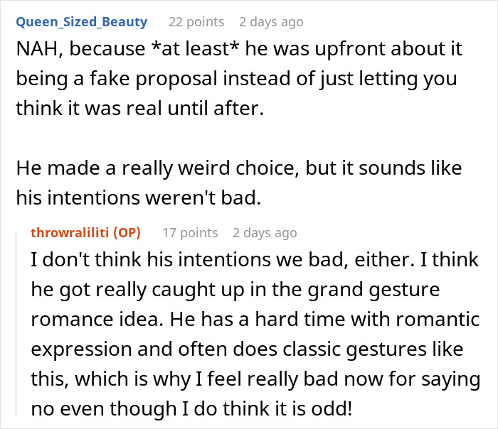 Reddit comments discussing a guy offering his girlfriend a fake proposal in Paris, debating intentions and romance. Reddit comments discussing a guy offering his girlfriend a fake proposal in Paris, debating intentions and romance.