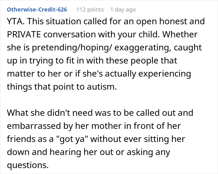 Parent Seeks Advice After Calling Out Daughter In Front Of Her Friends That She Doesn't Have Autism Parent Seeks Advice After Calling Out Daughter In Front Of Her Friends That She Doesn't Have Autism