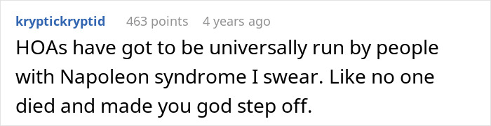 Text comment criticizing HOAs, expressing frustration with their management style.