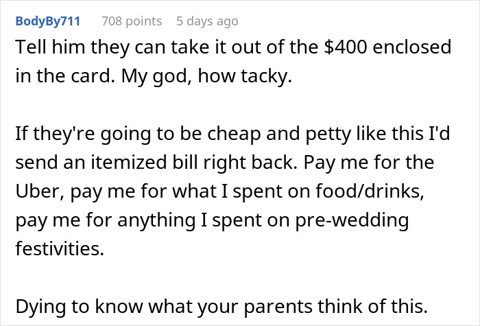 Comment discussing unexpected charges after attending a brother's wedding.