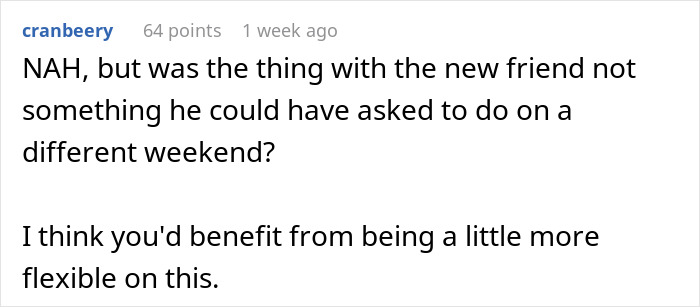 Comment discussing prioritizing family tradition over new friendship.
