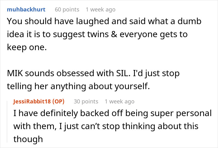 Screenshot of a forum discussion about a woman's surprise at MIL's plan for SIL to carry her baby. Screenshot of a forum discussion about a woman's surprise at MIL's plan for SIL to carry her baby.