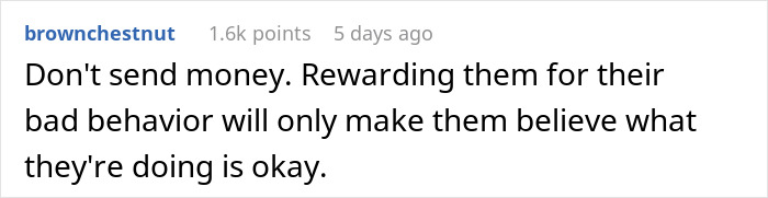 Comment advising against sending money after wedding charge.