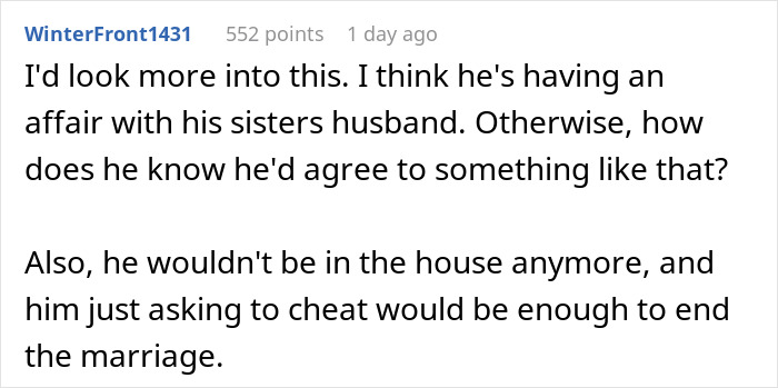 Comment discussing husband's gaycation request and potential affair, questioning intentions and suggesting marriage issues.