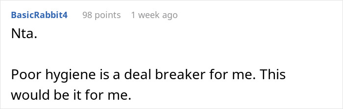 Comment discussing poor hygiene as a relationship deal breaker.