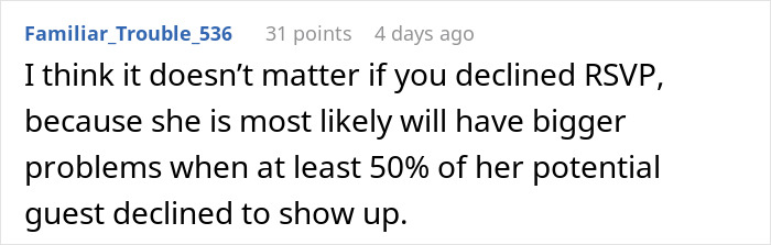 Comment discussing a bride's "wedding tax" and guest RSVP issues on social media.