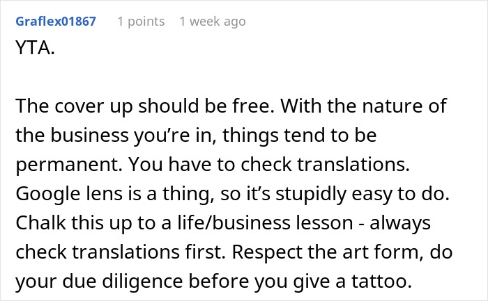 Comment on a tattoo mistake, discussing the importance of checking translations before getting inked.