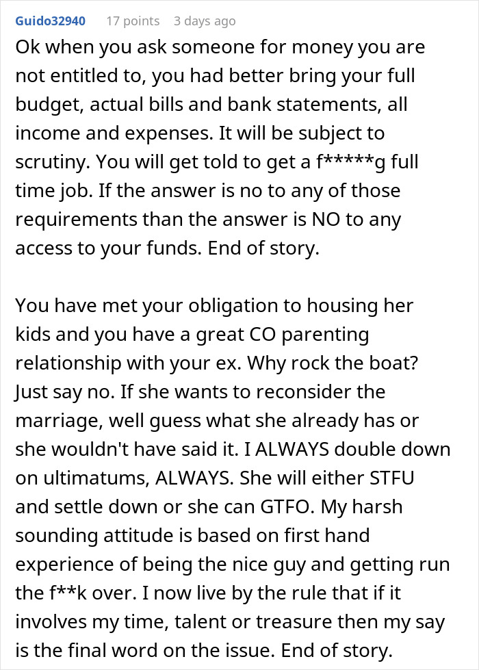 Text response about husband supporting kids, co-parenting, and handling relationship ultimatums.