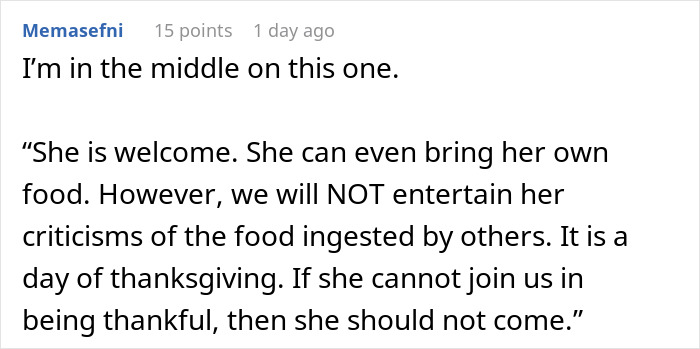 Text discussing Thanksgiving invitation concerns and criticism of food choices during the holiday gathering. Text discussing Thanksgiving invitation concerns and criticism of food choices during the holiday gathering.