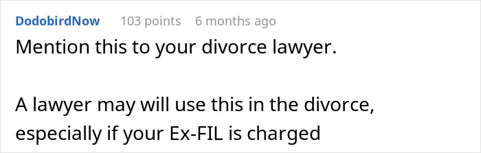 Reddit comment advising to consult a divorce lawyer about ex-father-in-law and AirTag concerns. Reddit comment advising to consult a divorce lawyer about ex-father-in-law and AirTag concerns.