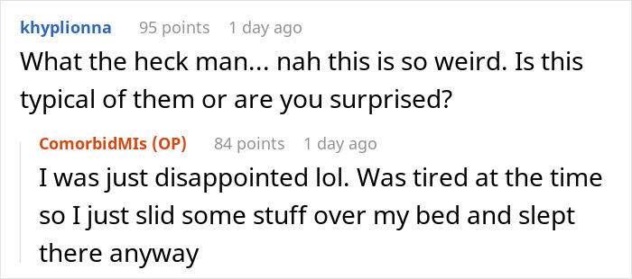 Reddit comments discussing a messy room after losing keys, highlighting disappointment and surprise. Reddit comments discussing a messy room after losing keys, highlighting disappointment and surprise.