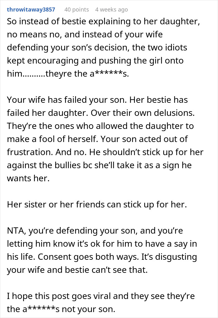 Dad defends son not interested in family friend's daughter; online comment supports his decision, sparking drama.