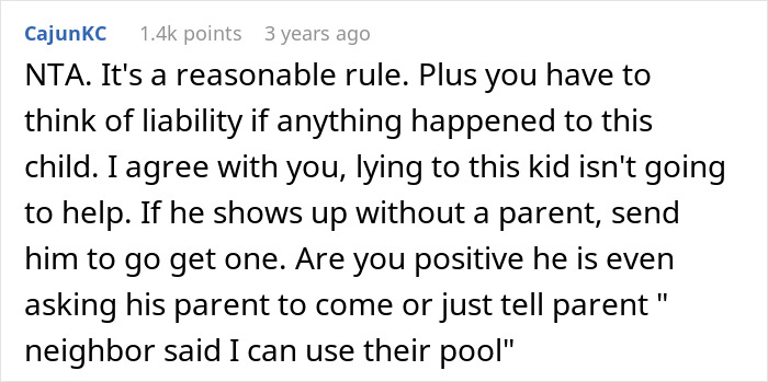 Comment discussing pool safety rules for children without parental supervision. Comment discussing pool safety rules for children without parental supervision.