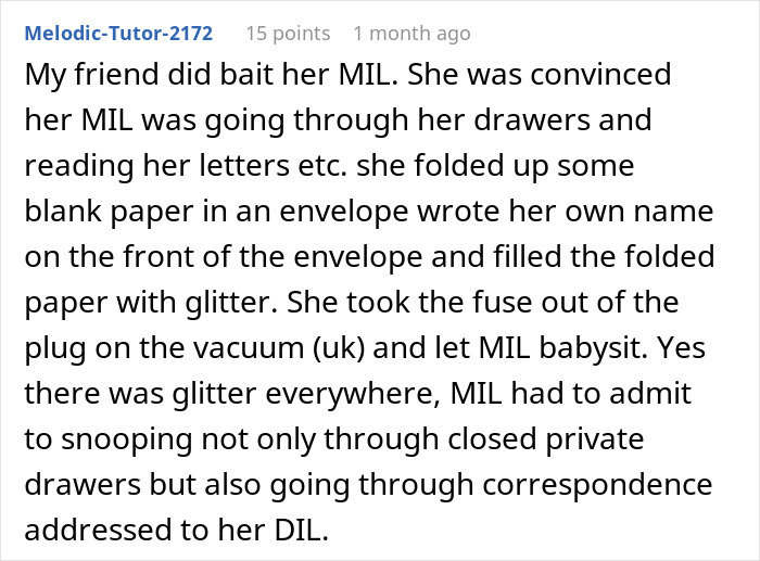 Reddit post about a woman suspecting her MIL of snooping, setting a trap with glitter in an envelope.