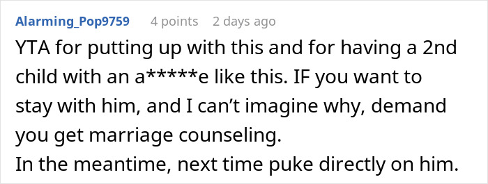 Reddit comment criticizing a husband for his reaction towards his pregnant wife.