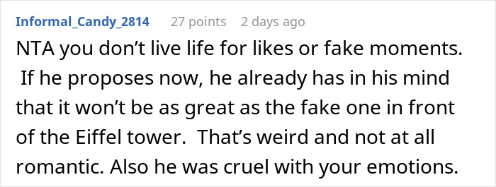Screenshot of a Reddit comment discussing a fake proposal in Paris being unromantic. Screenshot of a Reddit comment discussing a fake proposal in Paris being unromantic.